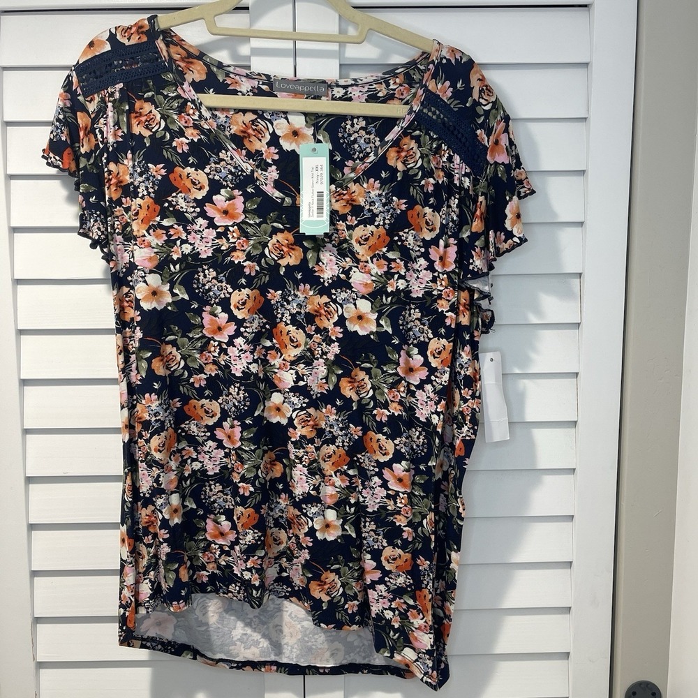 Loveappella‎ Zaolian V-Neck Flutter Sleeve Knit Top Navy Floral XXL New